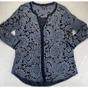 Lucky Brand Top V Neck L Blue Black Paisley V Neck Rayon Whimsygoth Dark Fairy